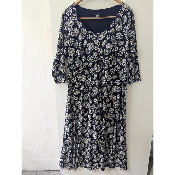 Tommy Hilfiger Dresses & Skirts - Tommy Hilfiger Paisley Midi Dress Womens 14W Navy Blue Excellent A-Line 3/4 Slee
